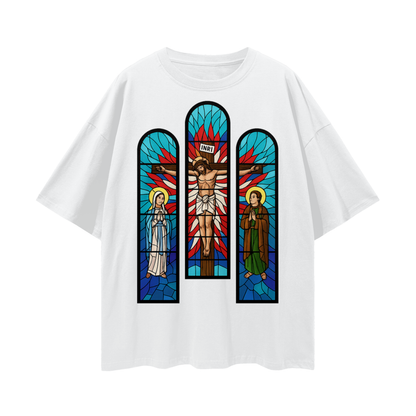 Religious Jesus Cathedral Glass Graphic Oversized T Shirt