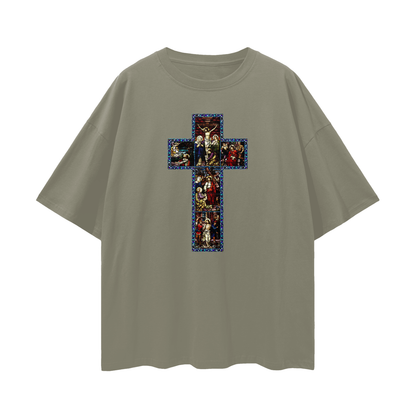 Religious Jesus Cathedral Glass Graphic Oversized T Shirt