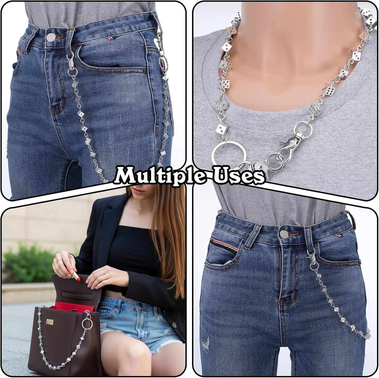Wallet Dice Chain, Punk Hip Hop Unisex Wallet Chains for Men with Engraved Dice Charm for Pants Gothic Jeans Pocket Chain Streetwear Essential