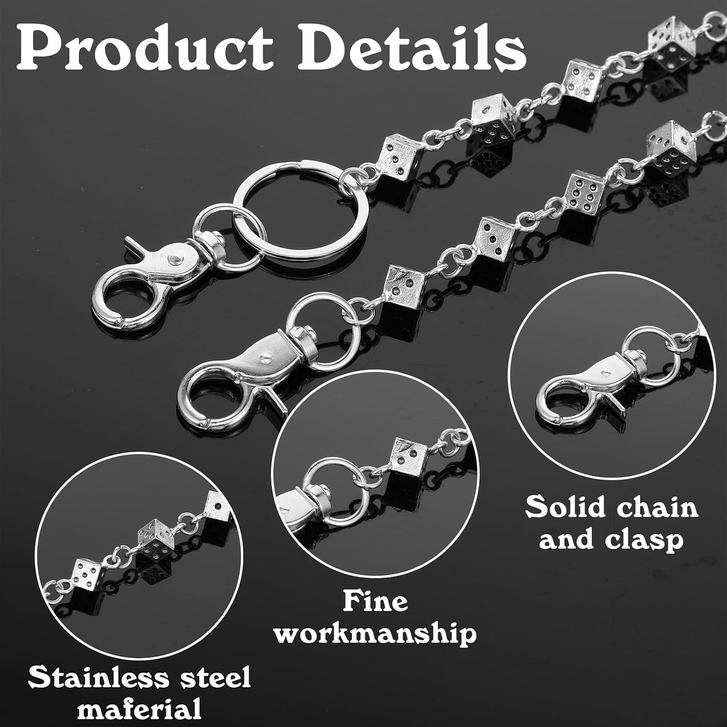 Wallet Dice Chain, Punk Hip Hop Unisex Wallet Chains for Men with Engraved Dice Charm for Pants Gothic Jeans Pocket Chain Streetwear Essential