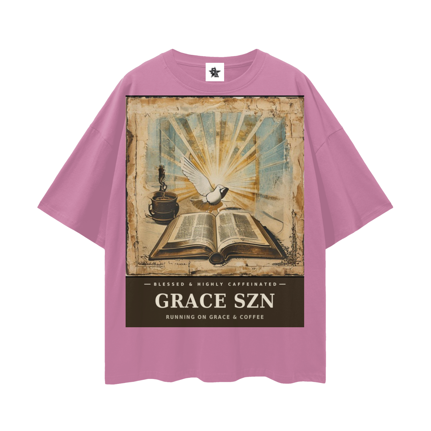 Grace SZN Tee - Blessed & Highly Caffeinated | Vintage Bootleg Collage Faith Oversized Graphic Tee