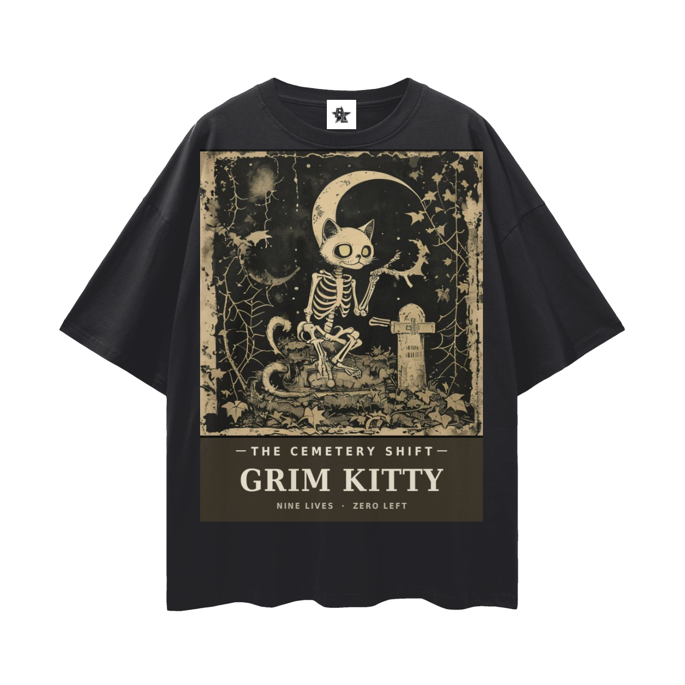 Grim Kitty Cemetery Shift Tee | Gothic Halloween Bootleg Oversized Graphic Tee