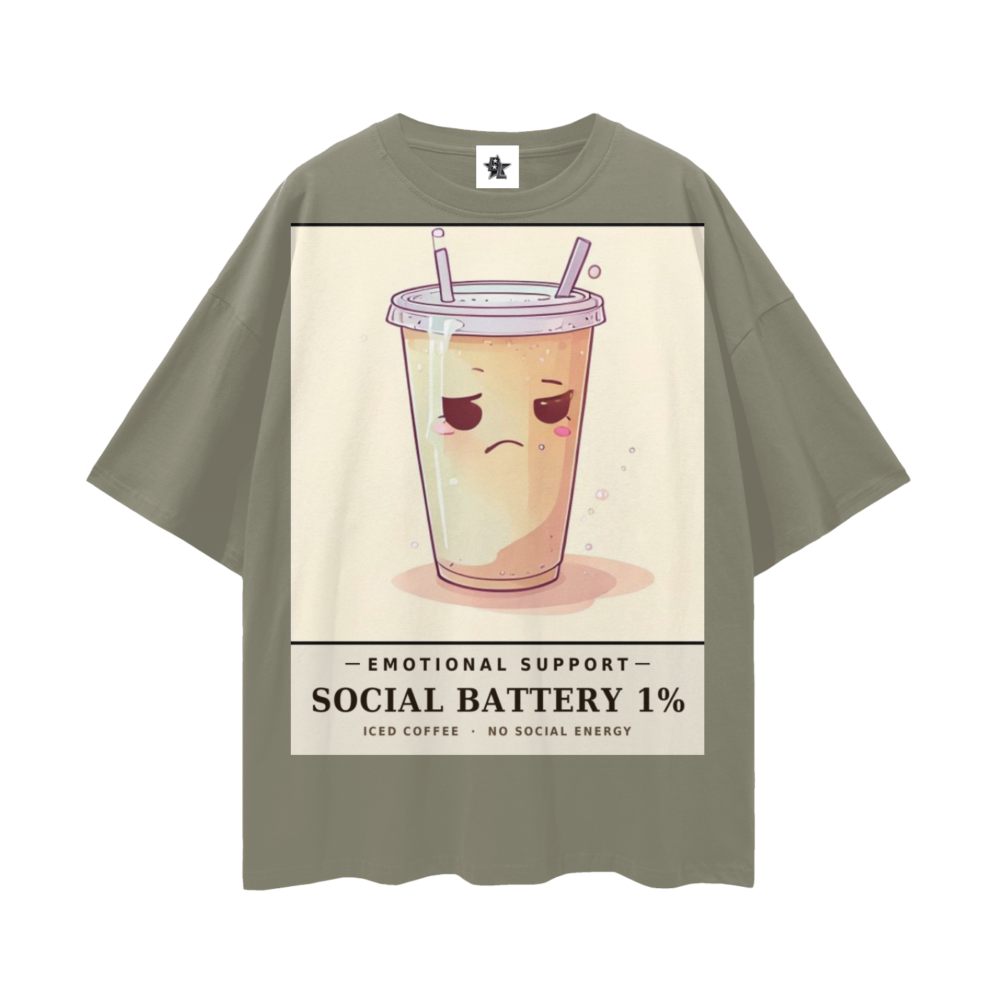 Emotional Support Iced Coffee Tee - Social Battery 1% | Y2K Chrome Introvert Oversized Graphic Tee