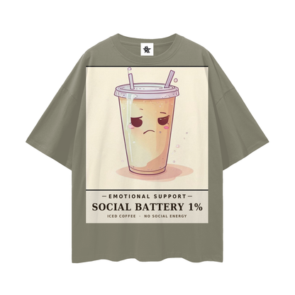 Emotional Support Iced Coffee Tee - Social Battery 1% | Y2K Chrome Introvert Oversized Graphic Tee