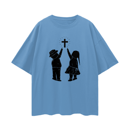 Religious Jesus Children Pointing To Cross Graphic Oversized T Shirt