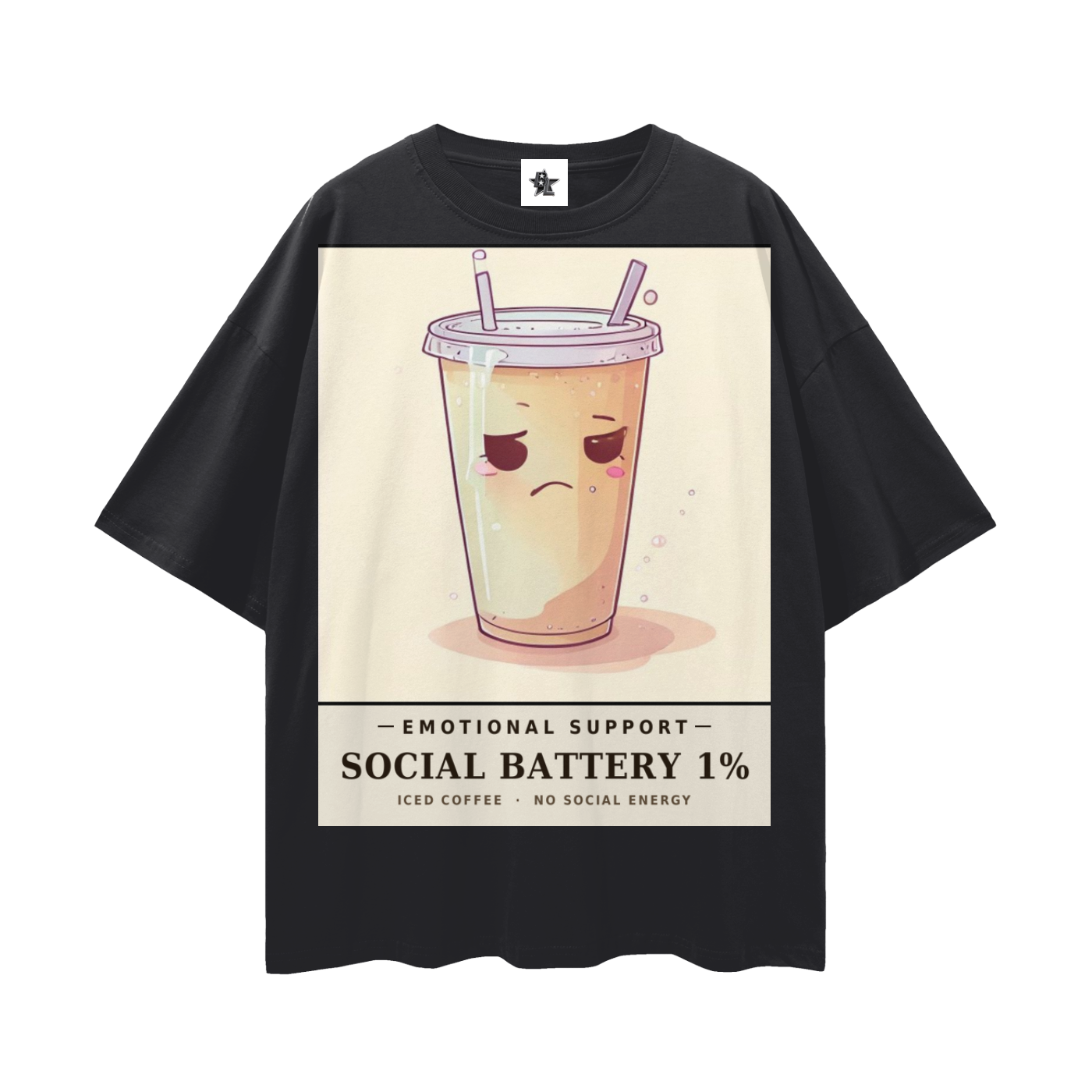 Emotional Support Iced Coffee Tee - Social Battery 1% | Y2K Chrome Introvert Oversized Graphic Tee