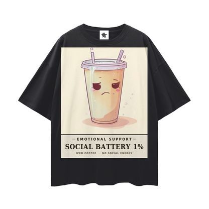 Emotional Support Iced Coffee Tee - Social Battery 1% | Y2K Chrome Introvert Oversized Graphic Tee