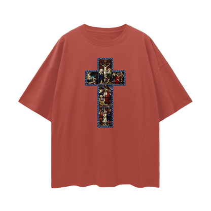 Religious Jesus Cathedral Glass Graphic Oversized T Shirt