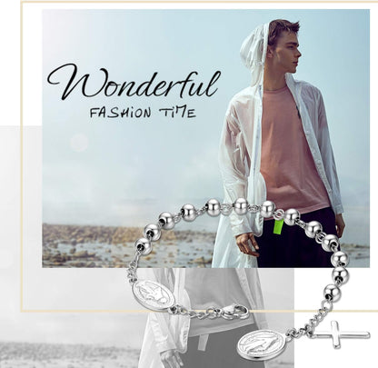 Cross Rosary Beads Bracelet Vintage Stainless Steel Jesus Christ Crucifix Cross Wristband for Men Women Christmas Wedding