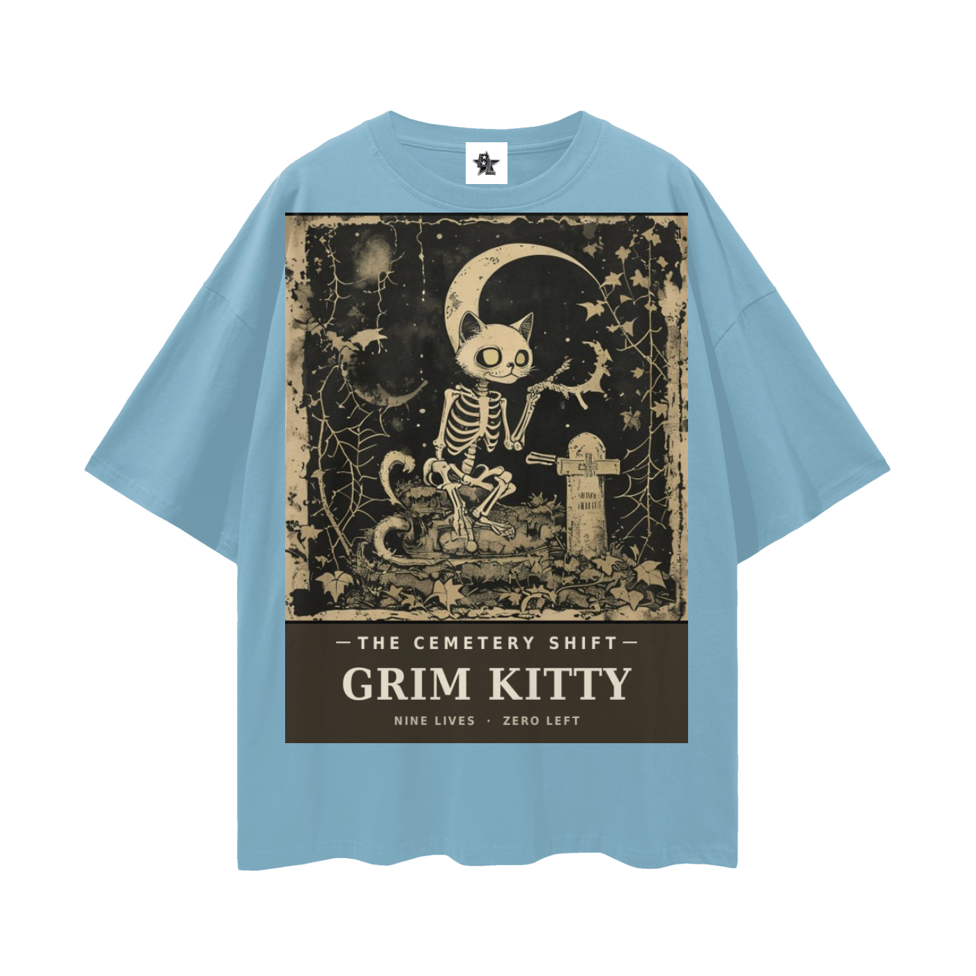 Grim Kitty Cemetery Shift Tee | Gothic Halloween Bootleg Oversized Graphic Tee