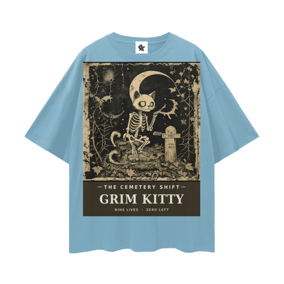 Grim Kitty Cemetery Shift Tee | Gothic Halloween Bootleg Oversized Graphic Tee