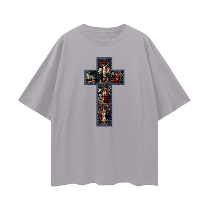 Religious Jesus Cathedral Glass Graphic Oversized T Shirt