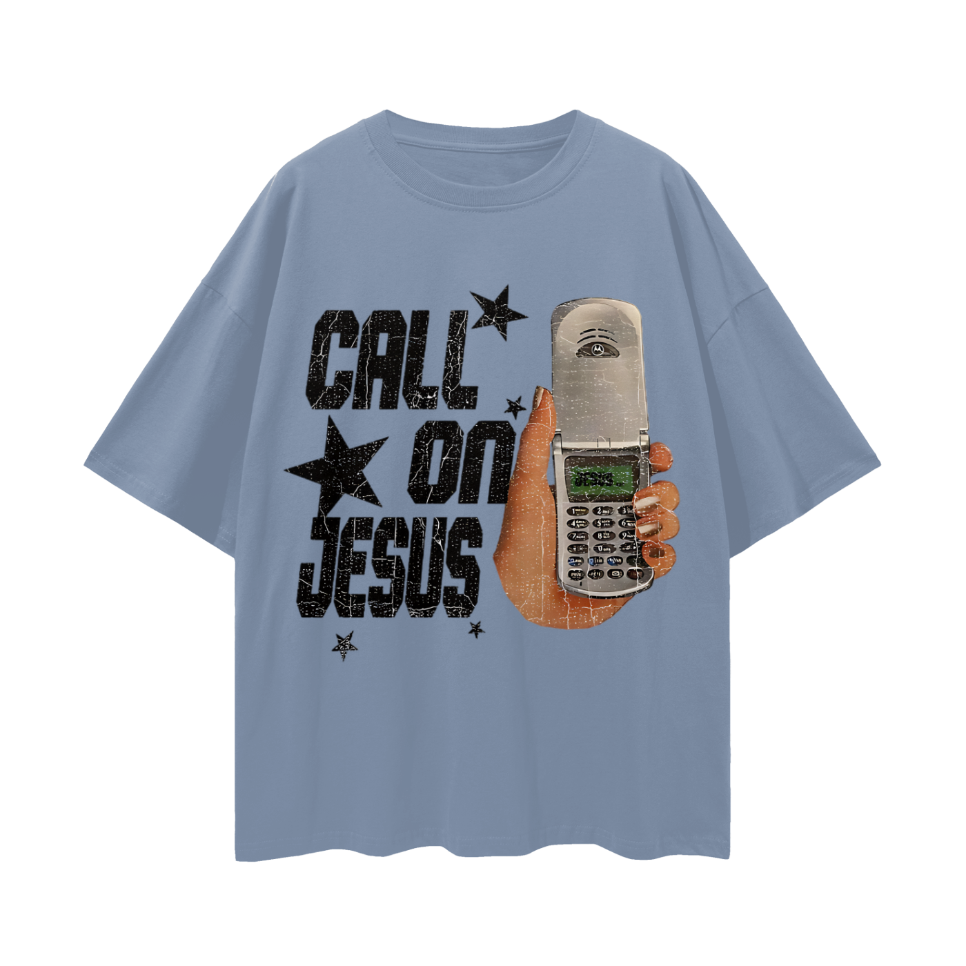 Religious Call On Jesus Cell Phone Y2K Vintage Like Graphic Oversized T Shirt