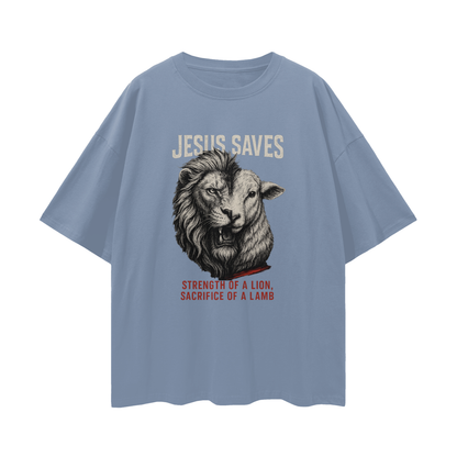 Religious "Jesus Saves – The Lion & The Lamb" Graphic Oversized T Shirt