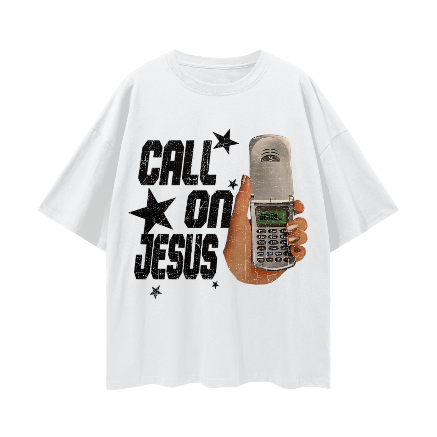 Religious Call On Jesus Cell Phone Y2K Vintage Like Graphic Oversized T Shirt
