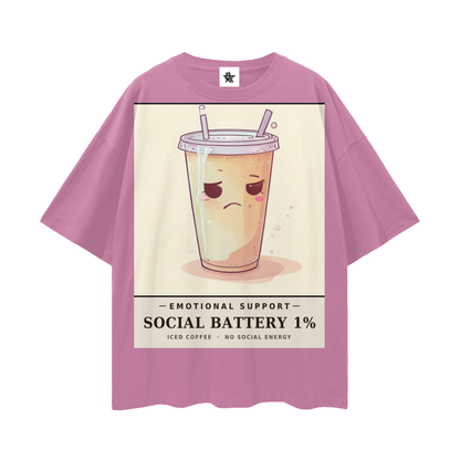 Emotional Support Iced Coffee Tee - Social Battery 1% | Y2K Chrome Introvert Oversized Graphic Tee