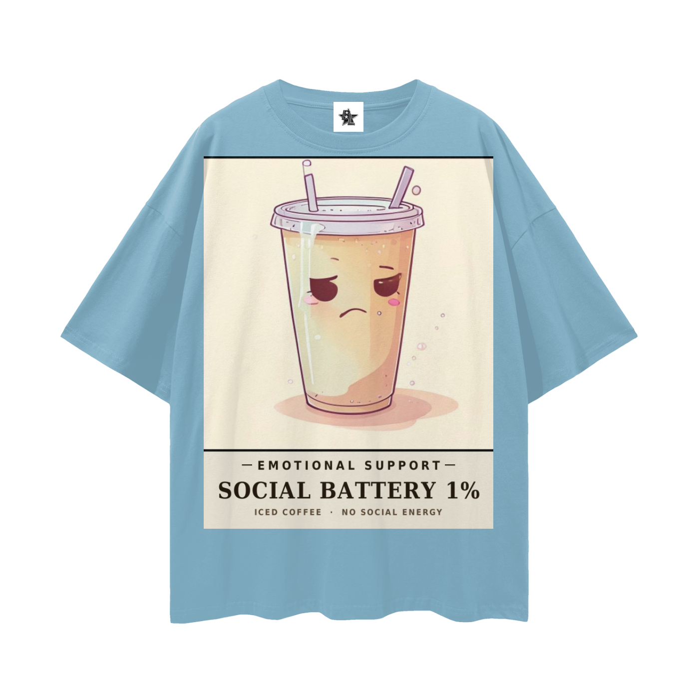 Emotional Support Iced Coffee Tee - Social Battery 1% | Y2K Chrome Introvert Oversized Graphic Tee