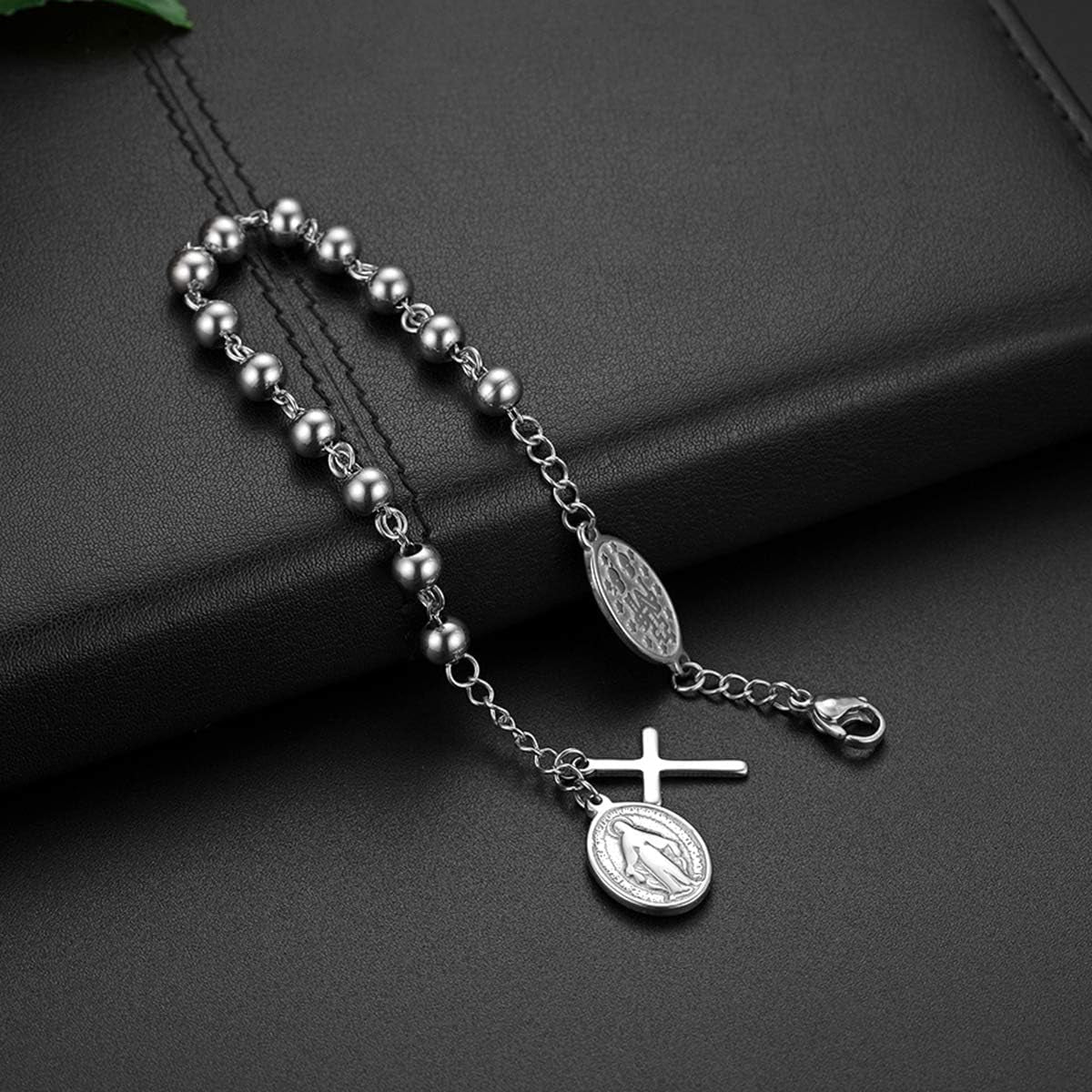 Cross Rosary Beads Bracelet Vintage Stainless Steel Jesus Christ Crucifix Cross Wristband for Men Women Christmas Wedding