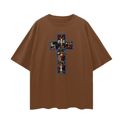 Religious Jesus Cathedral Glass Graphic Oversized T Shirt