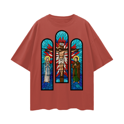Religious Jesus Cathedral Glass Graphic Oversized T Shirt