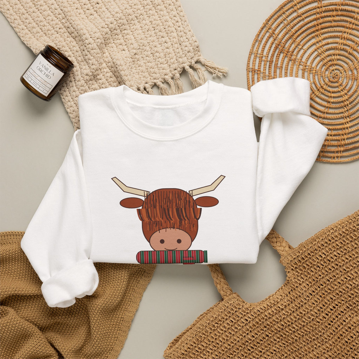 Hairy Christmas Highland Cow Scarf Sweatshirt
