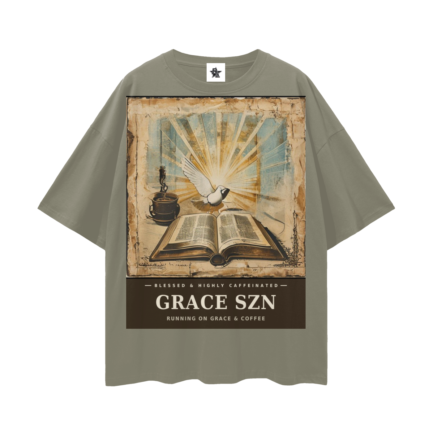 Grace SZN Tee - Blessed & Highly Caffeinated | Vintage Bootleg Collage Faith Oversized Graphic Tee