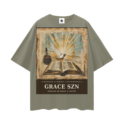 Grace SZN Tee - Blessed & Highly Caffeinated | Vintage Bootleg Collage Faith Oversized Graphic Tee