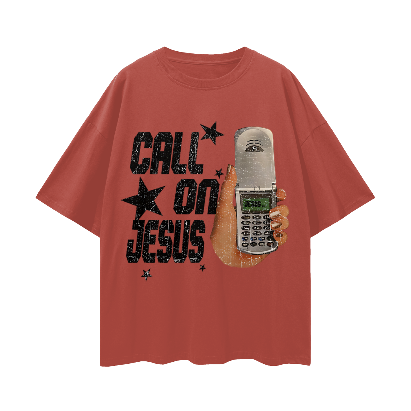 Religious Call On Jesus Cell Phone Y2K Vintage Like Graphic Oversized T Shirt