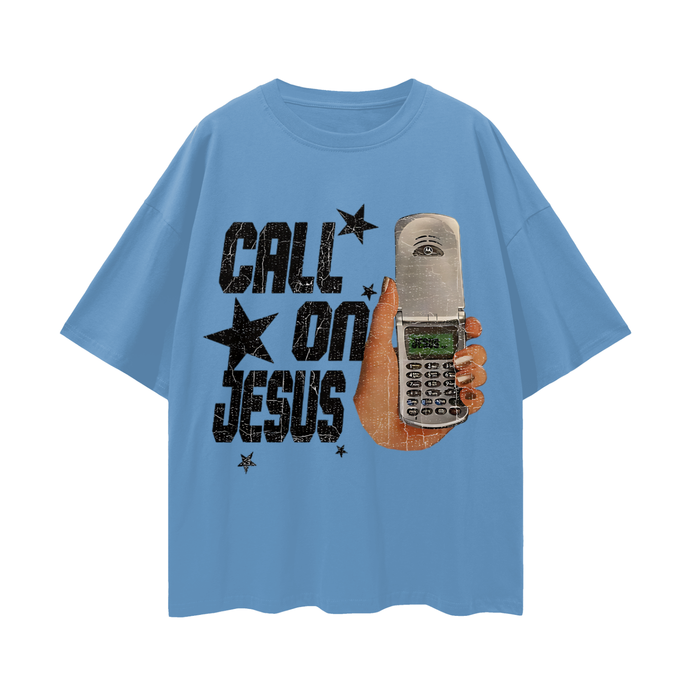 Religious Call On Jesus Cell Phone Y2K Vintage Like Graphic Oversized T Shirt