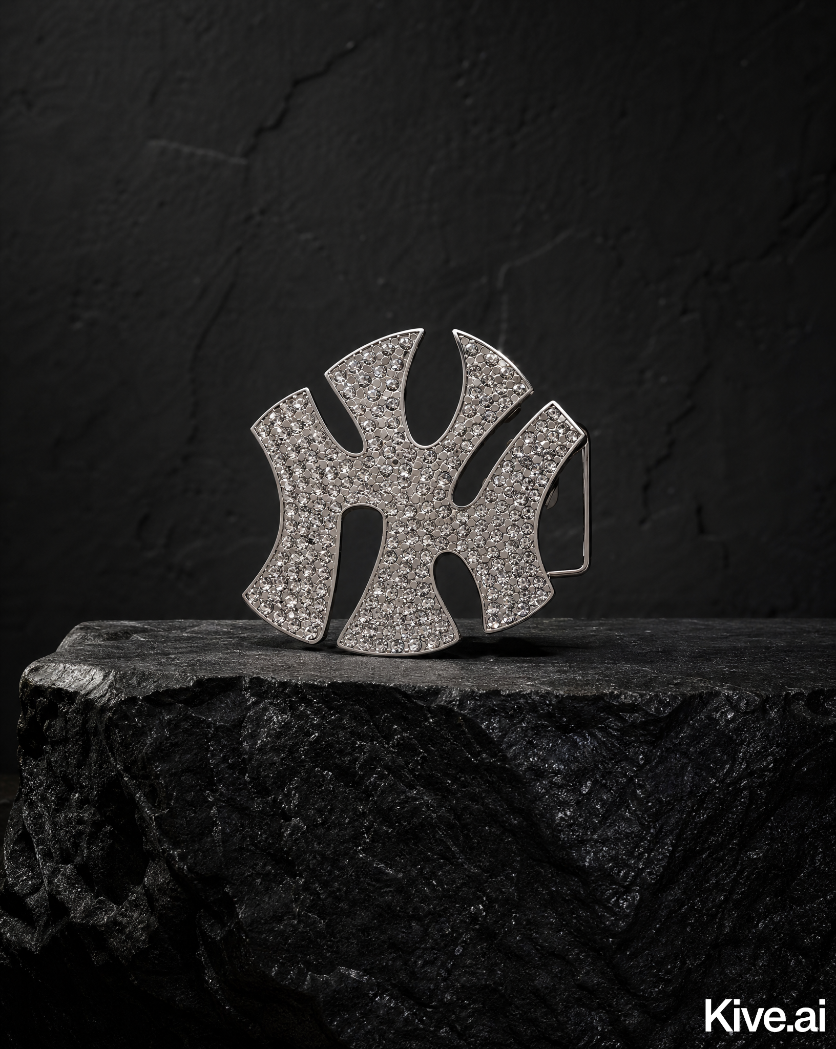 New York Rhinestone Belt Buckle, studio shot on dark stone