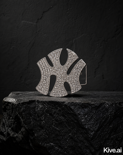 New York Rhinestone Belt Buckle, studio shot on dark stone