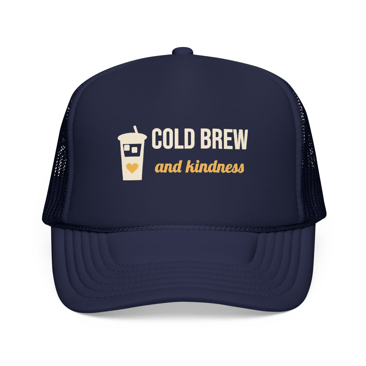 Cold Brew and Kindness trucker hat, Dark Navy front