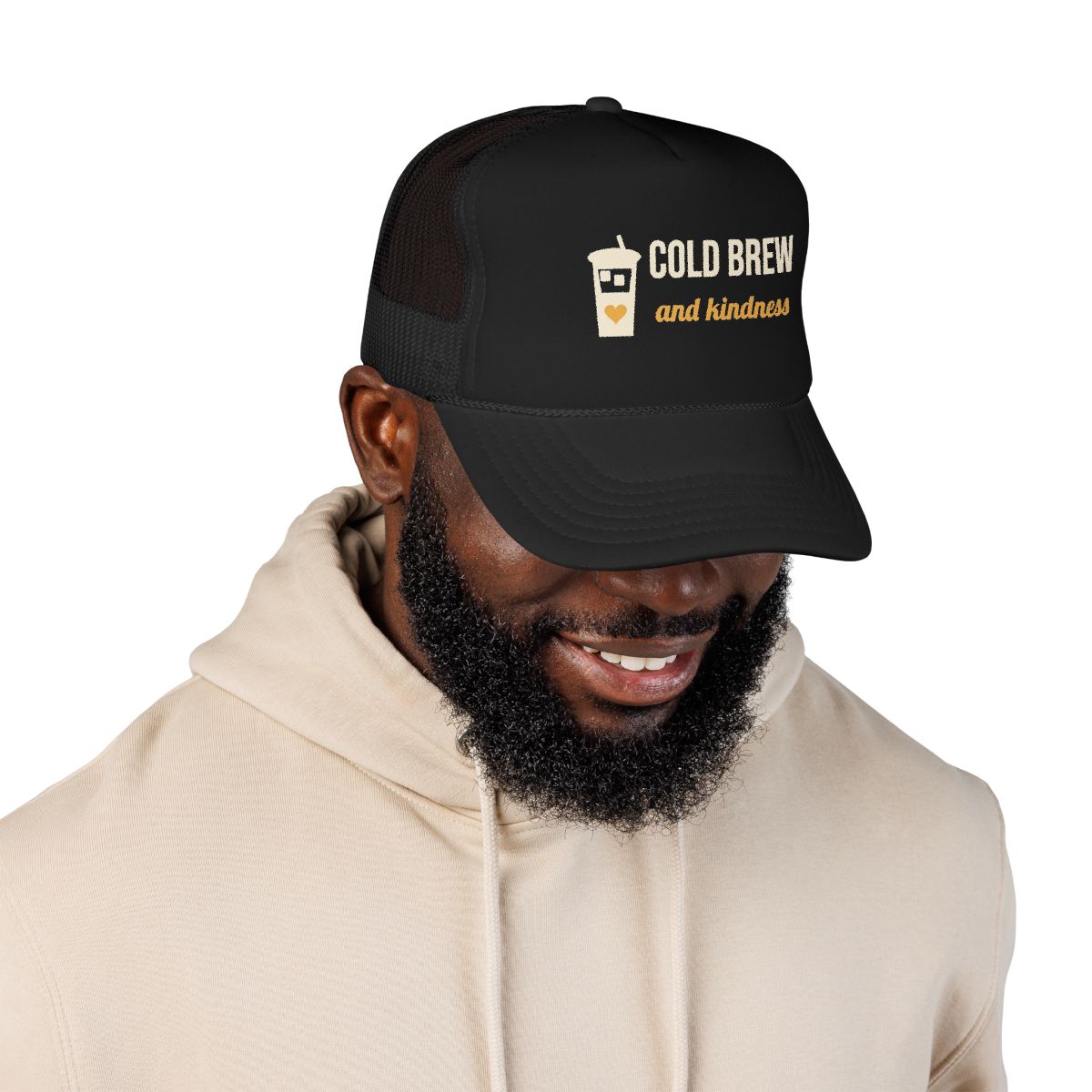 Cold Brew and Kindness trucker hat, Black worn by a man, front
