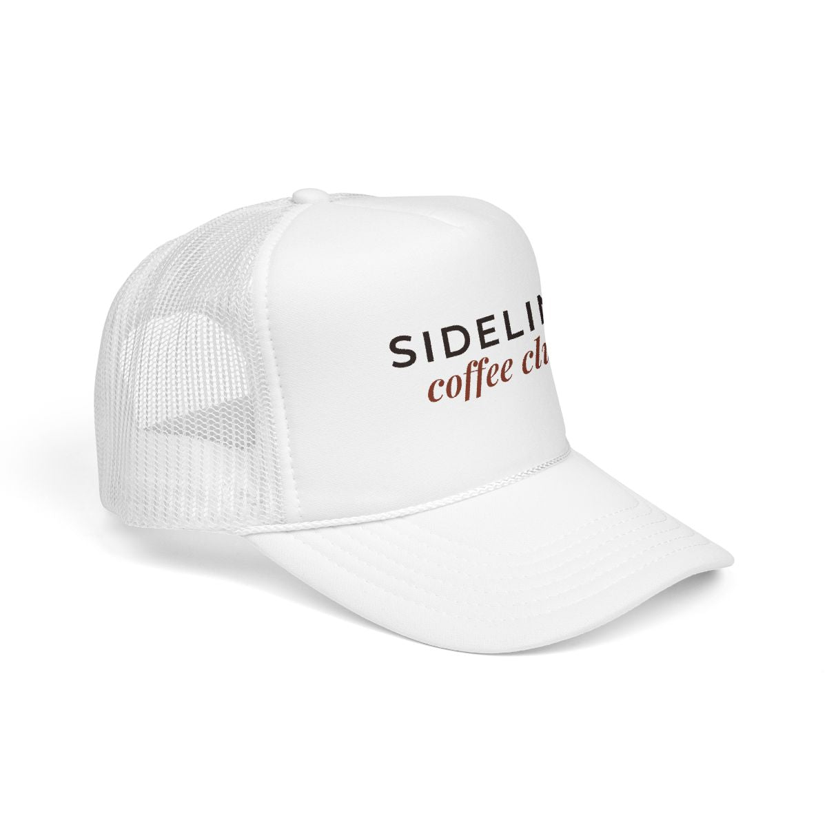Sideline Coffee Club trucker hat, White side view