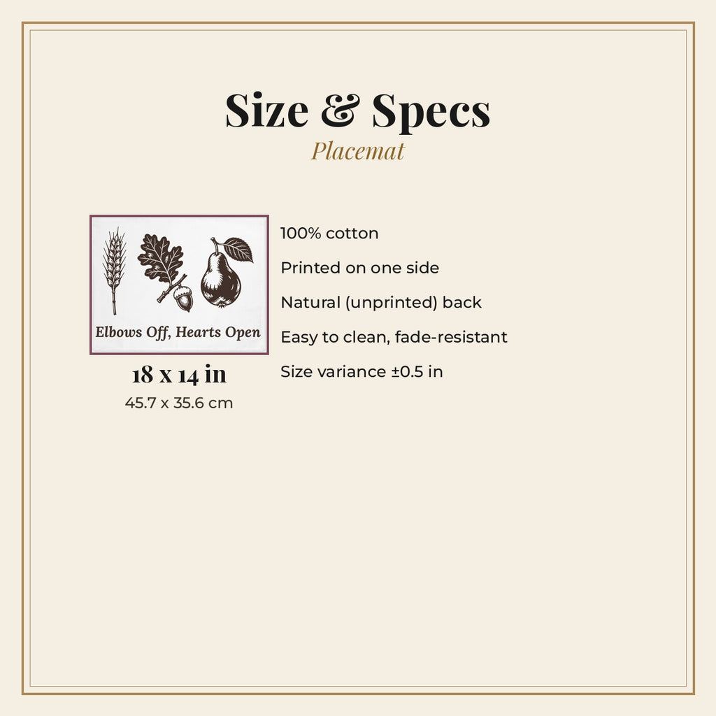 Elbows Off Hearts Open placemat - spec card