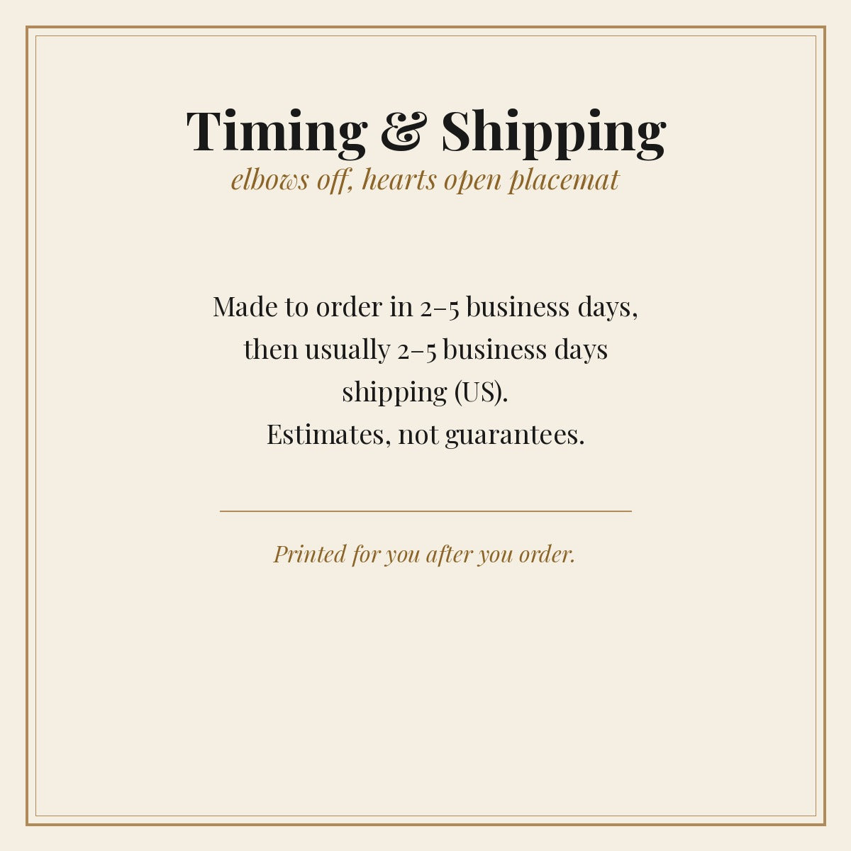 Elbows Off Hearts Open placemat - timing card