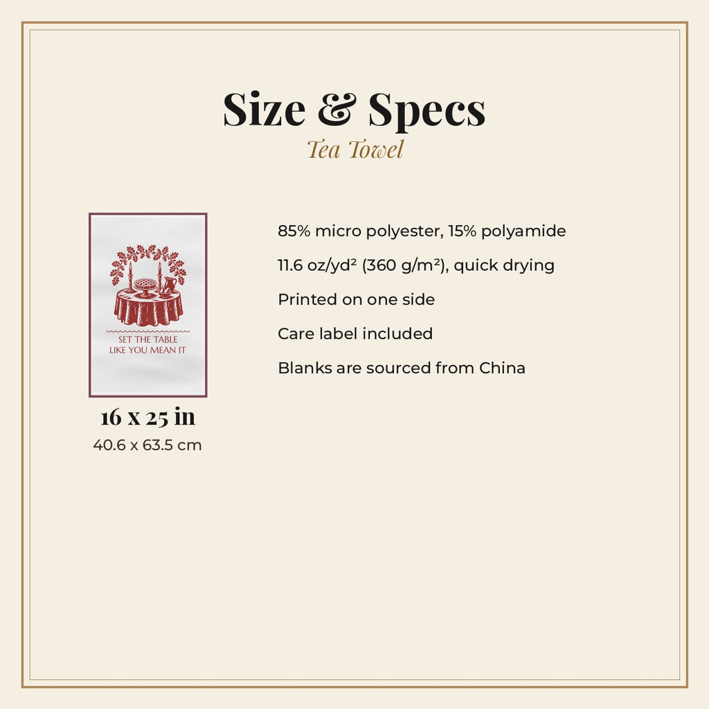 Set the Table Like You Mean It tea towel - spec card