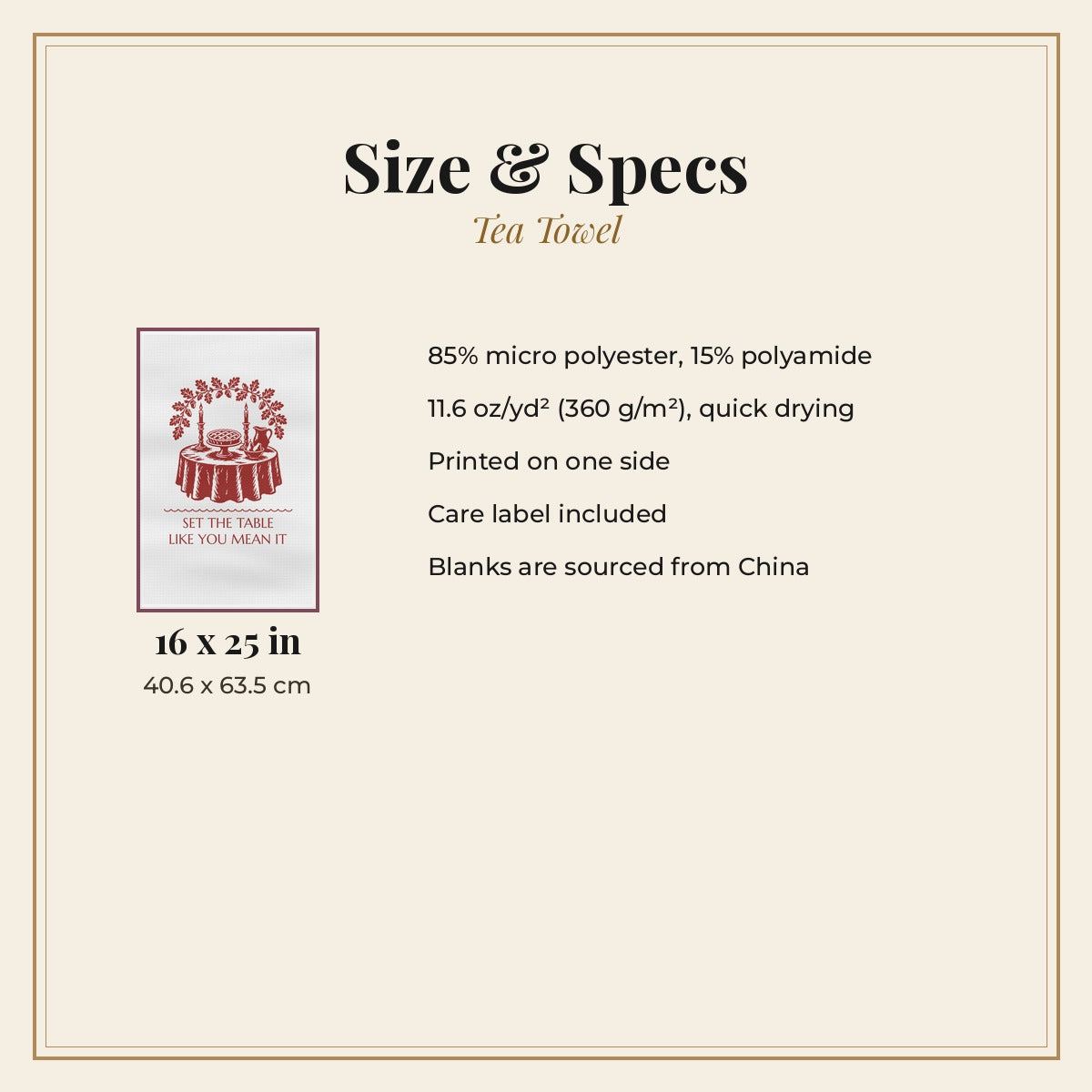 Set the Table Like You Mean It tea towel - spec card