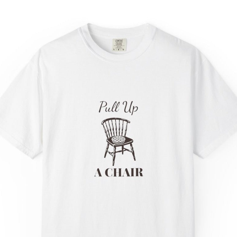 Pull Up a Chair Thanksgiving tee - hero white chest