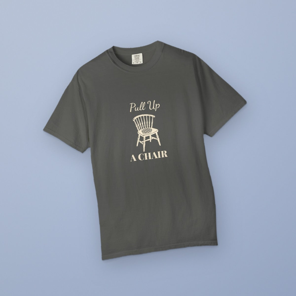 Pull Up a Chair Thanksgiving tee - styled flat powder cornflower