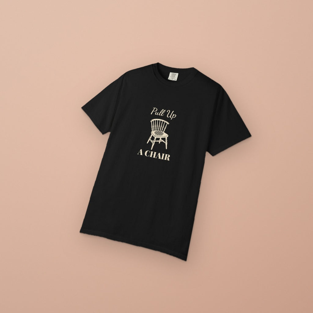 Pull Up a Chair Thanksgiving tee - styled flat apricot blush