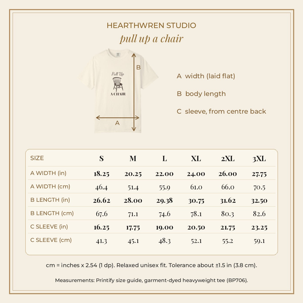 Pull Up a Chair Thanksgiving tee - size chart in cm