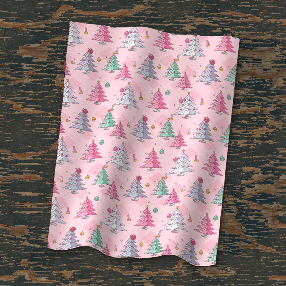 Pink Tinsel Christmas Blanket - 04 flatlay draped painted wood