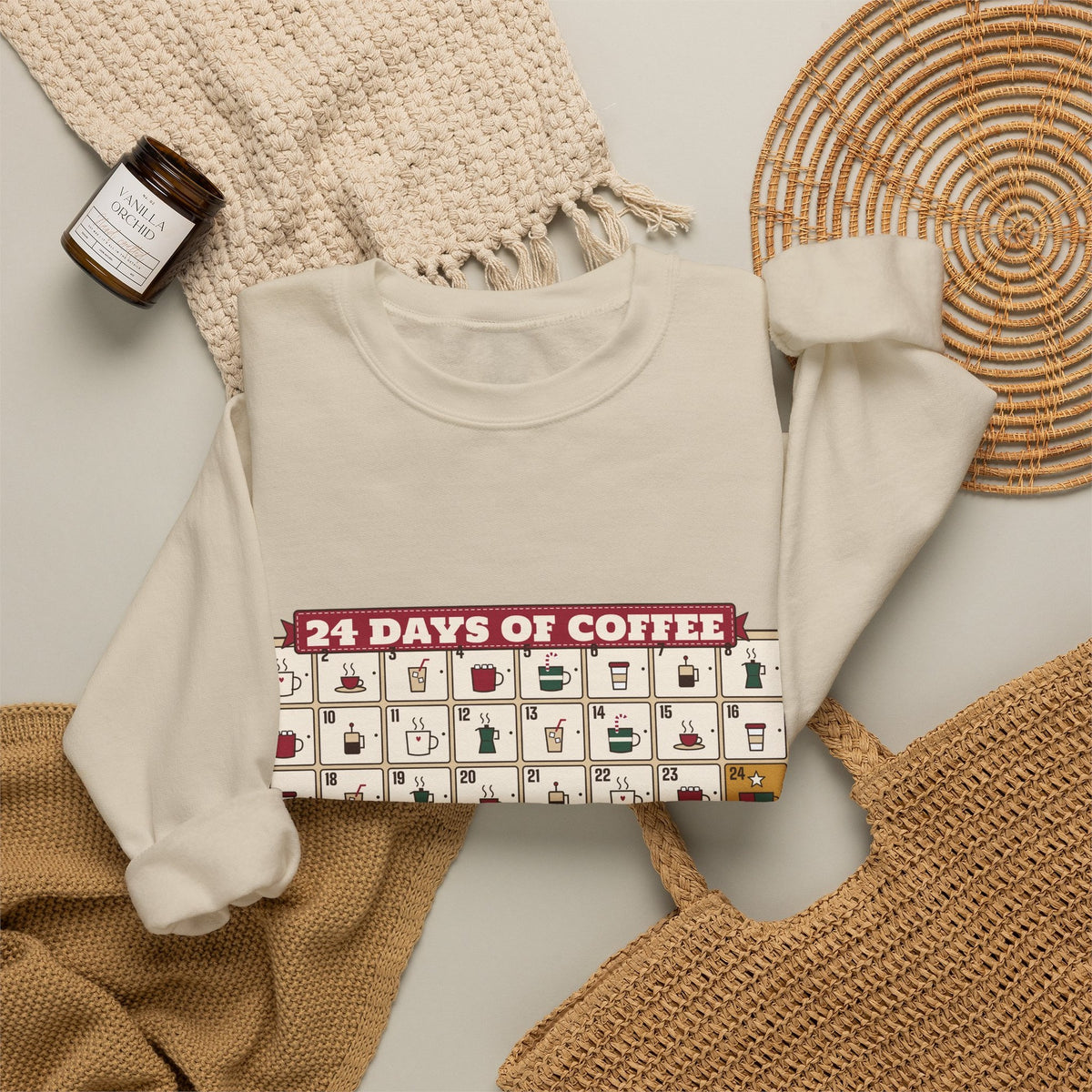 24 Days of Coffee sweatshirt, Sand, flat-lay
