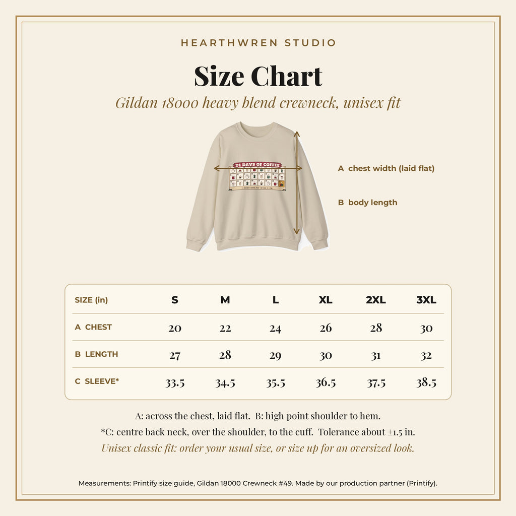 Size chart, Gildan 18000 crewneck S–3XL