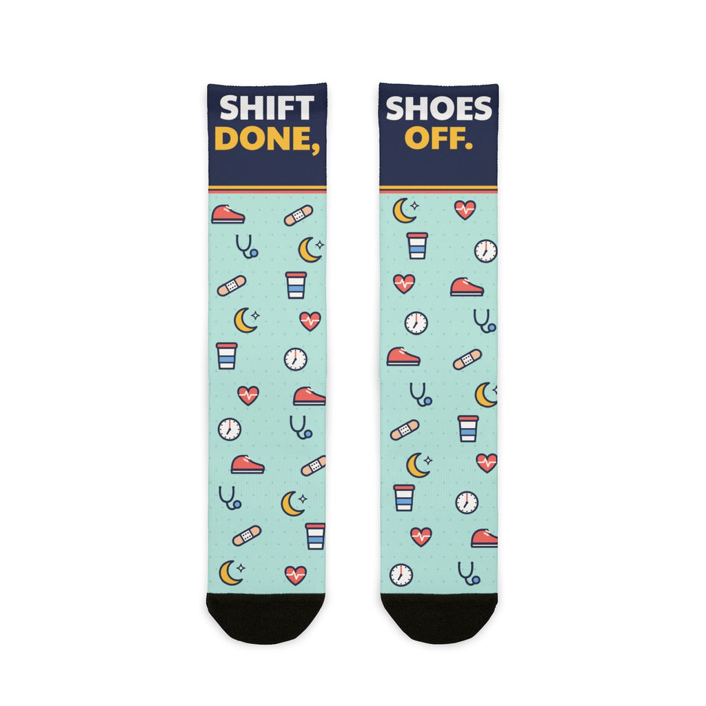 Shift Done Shoes Off nurse crew socks, front view