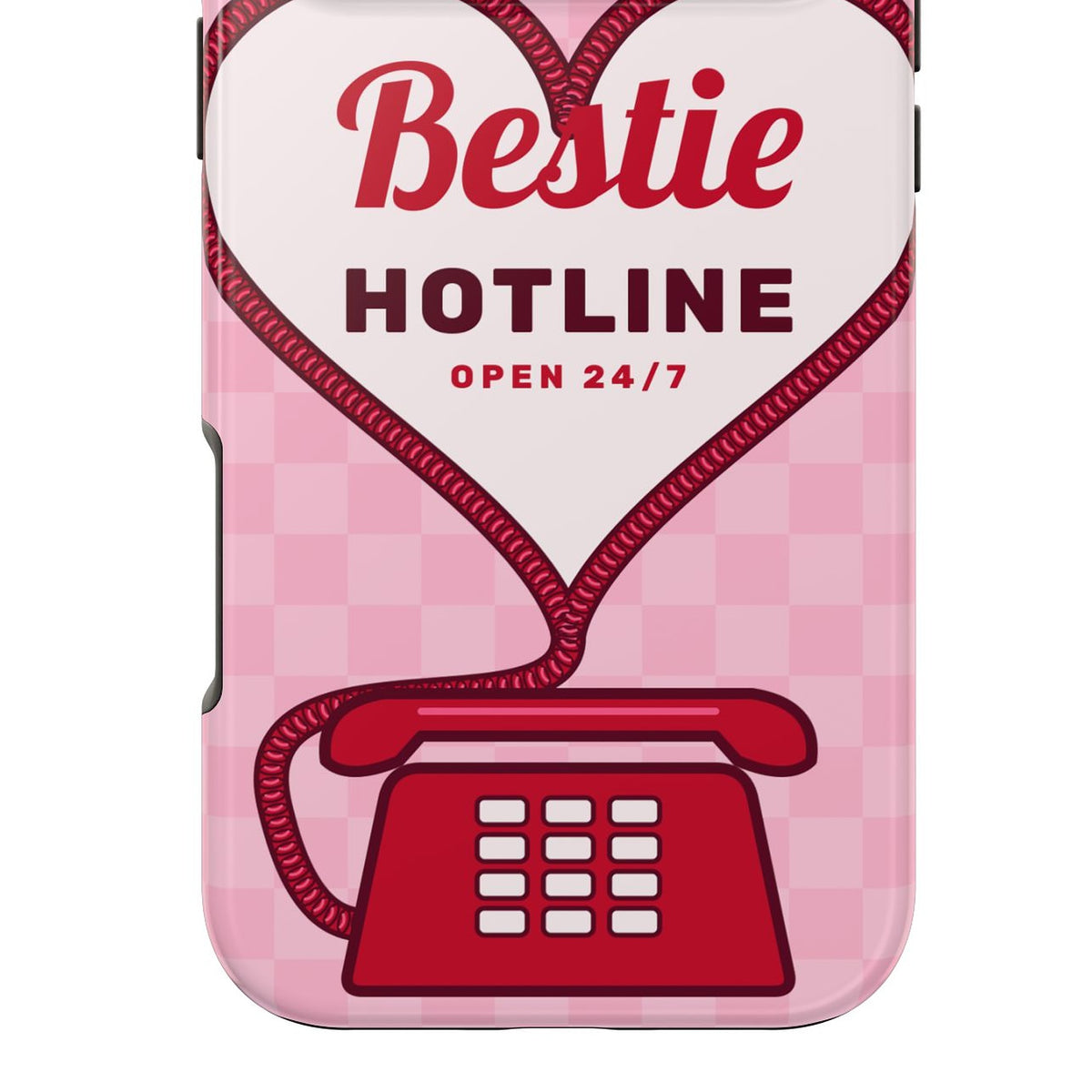 Bestie Hotline phone case, retro phone and coiled cord detail