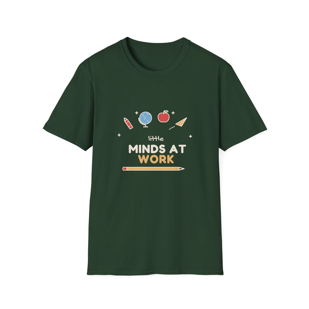 Little Minds at Work tee - front forest green