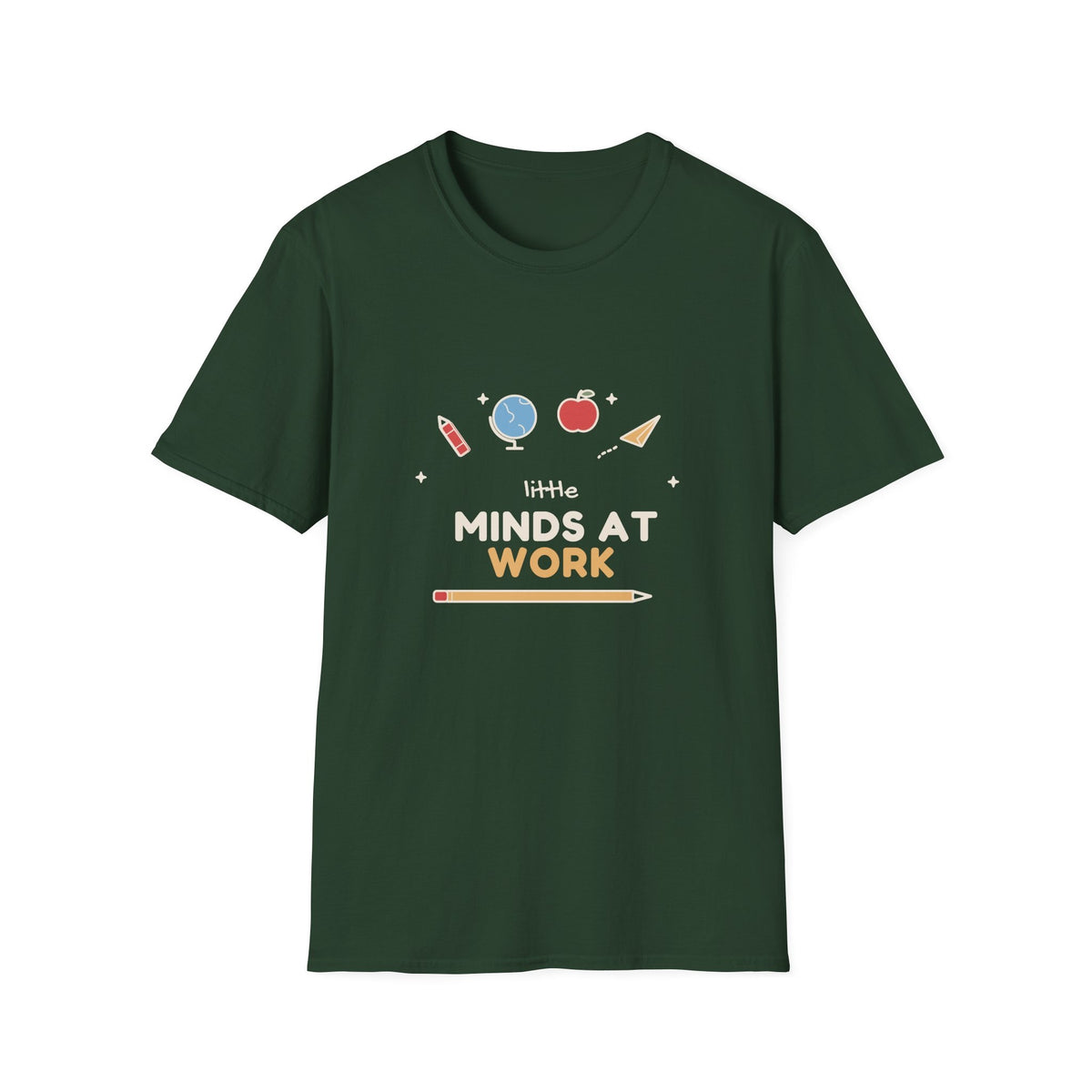 Little Minds at Work tee - front forest green