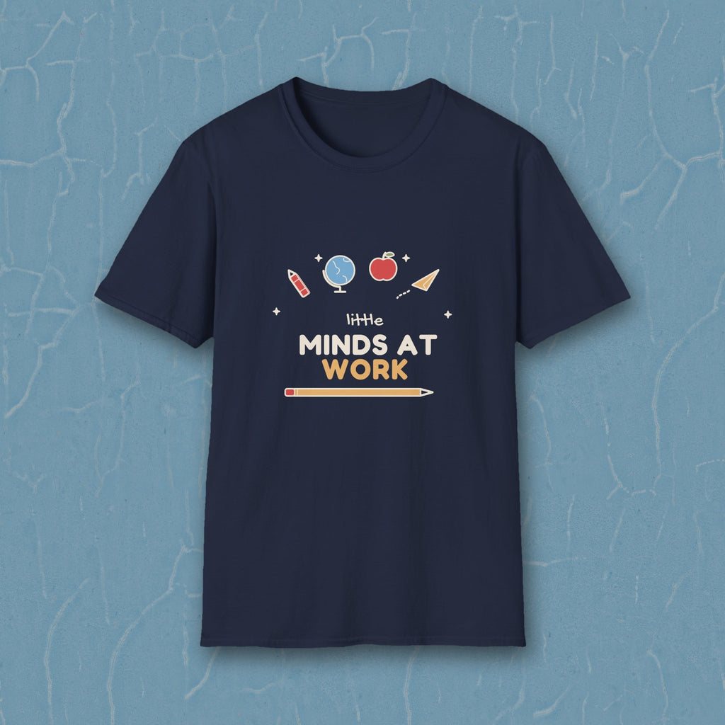 Little Minds at Work tee - styled blue plaster wall
